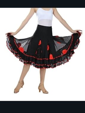 Stunning Black & Red  Flamenco Style Skirt with Floral Appliqués